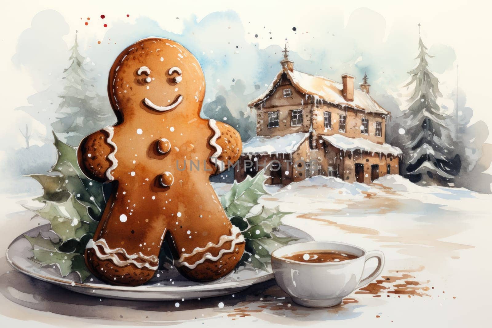 Gingerbread cookies watercolor on white background. AI Generated