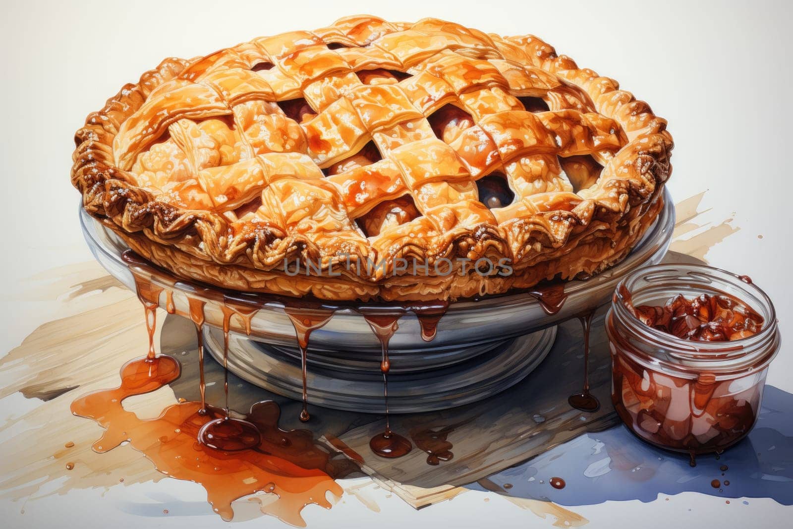 charlotte delicious berry pie with caramel on the plate on white background. Close up side view. AI Generated