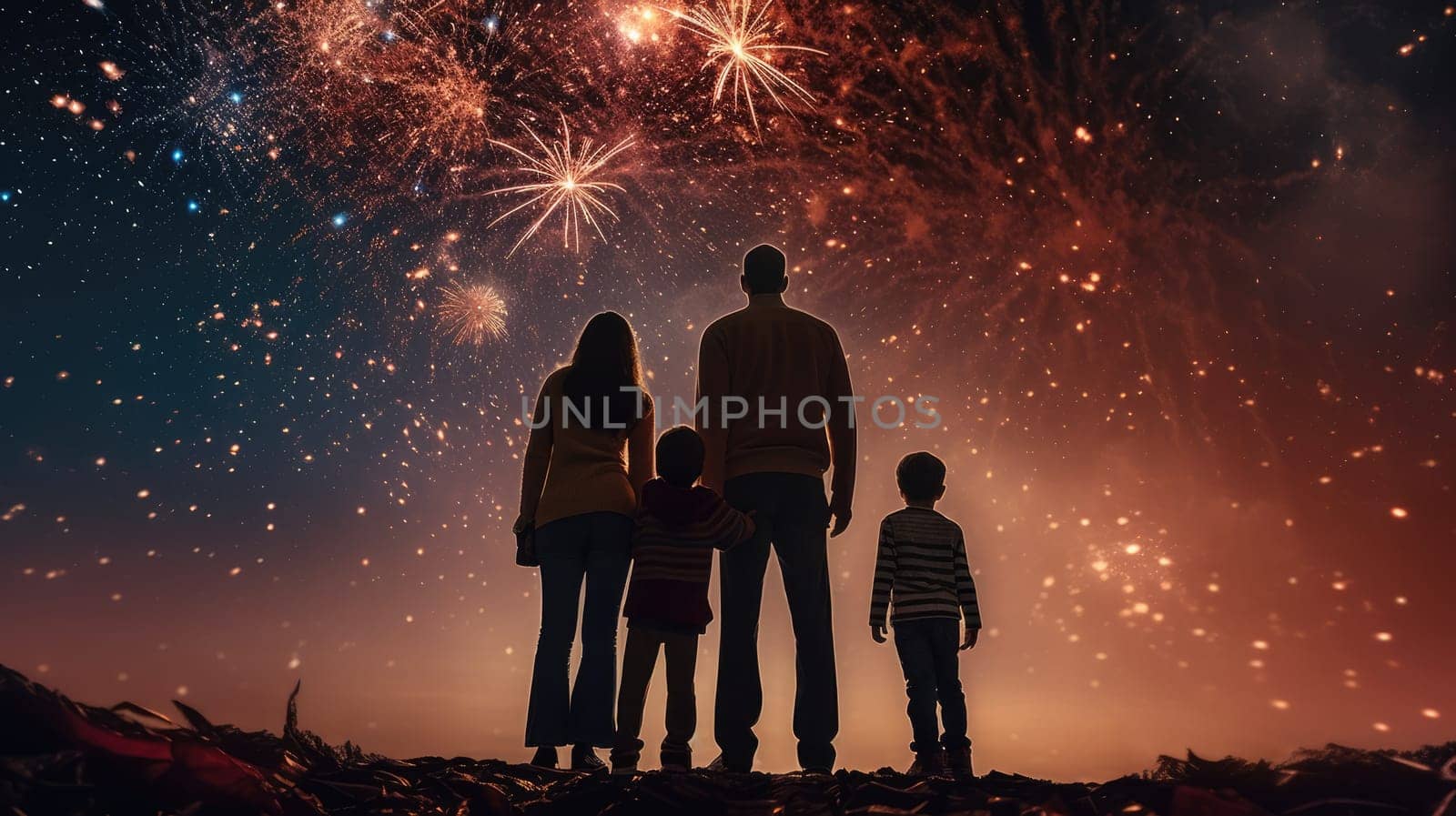 Happy people looking up to the sky with firework in new year 2024 night celebrate happy new year festival 2024 comeliness.