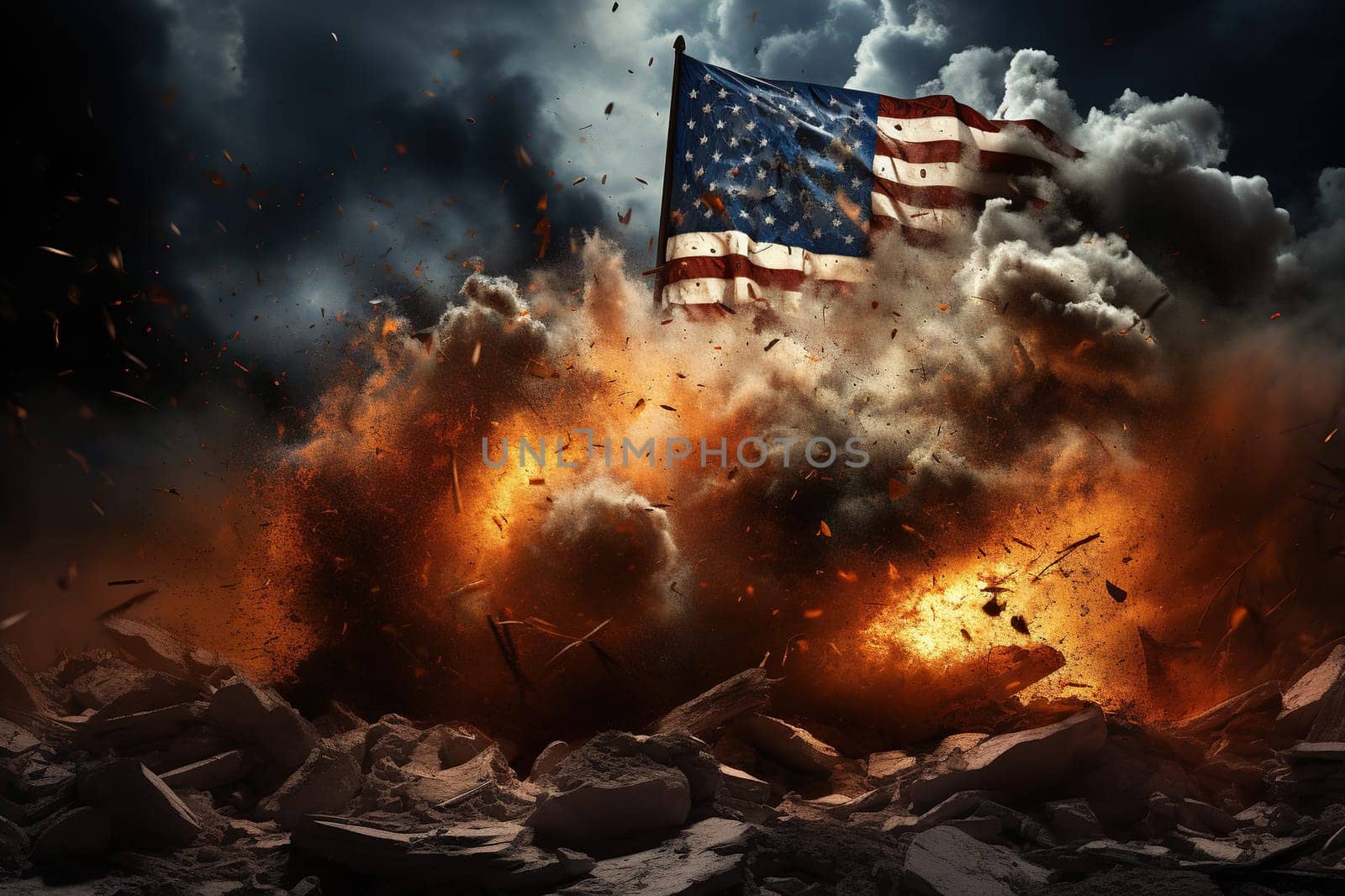 US flag against the background of destructive fire and smoke.