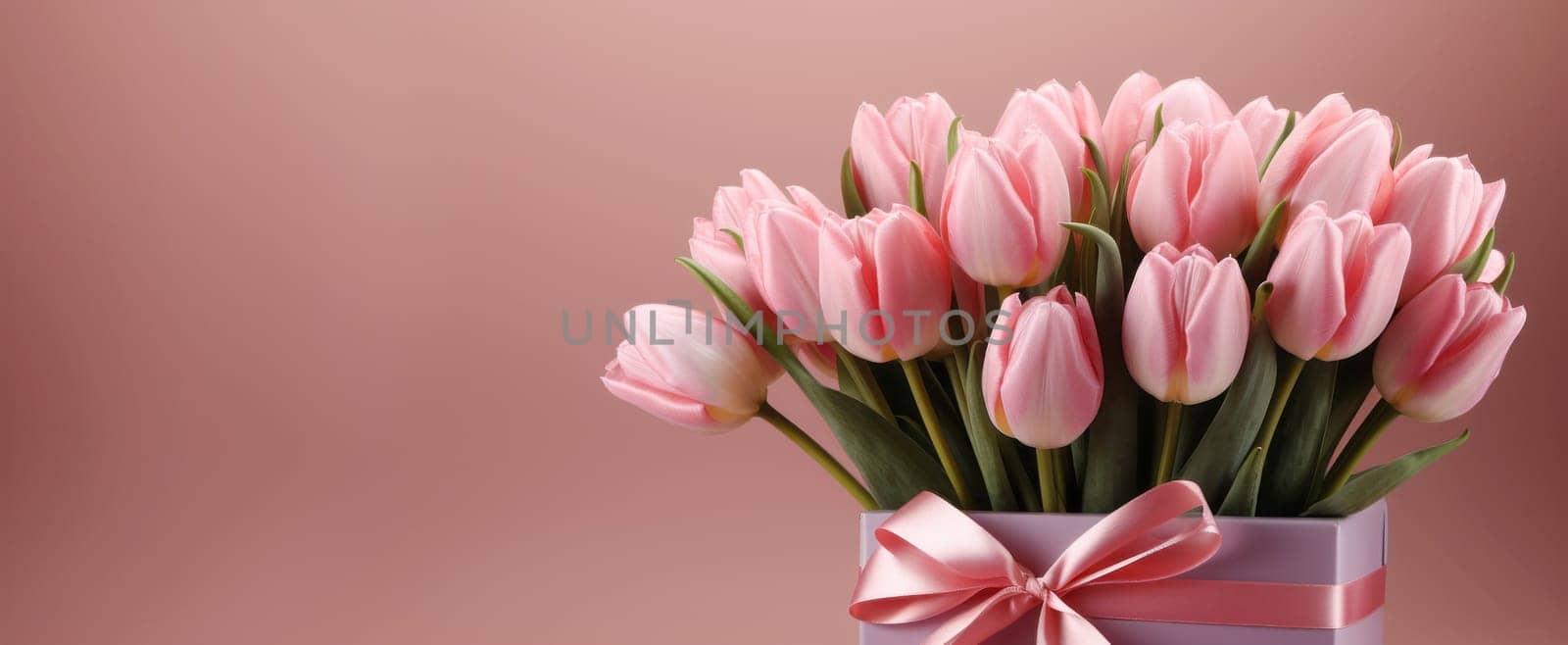 Fresh tulips and a box with a gift. Copy Space. Happy Valentine's Day, Mother's Day, International Women's Day, Birthday card by NataliPopova
