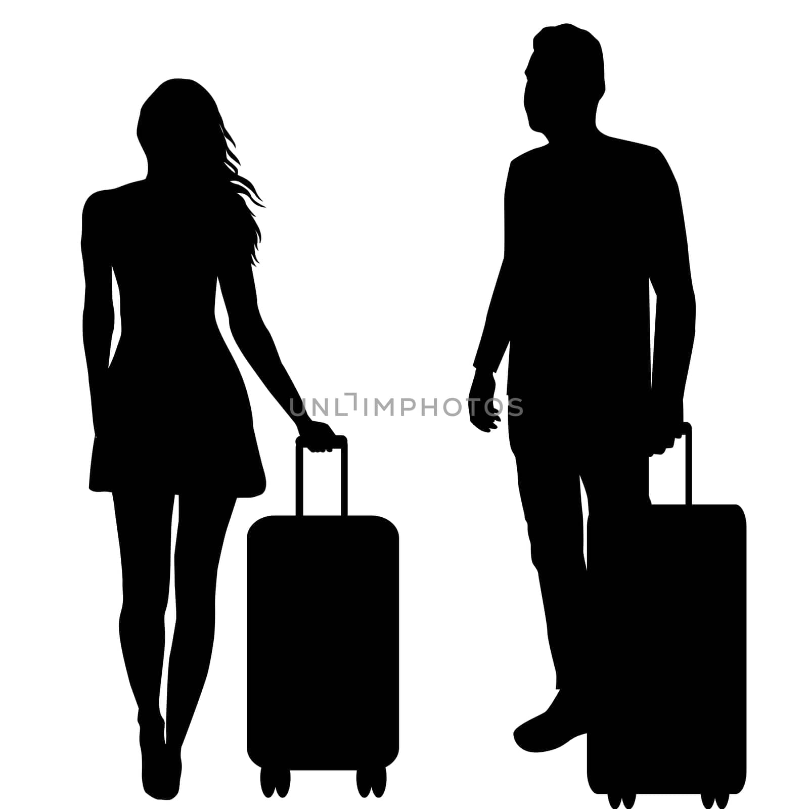 Silhouettes of a woman and a man with suitcases on wheels