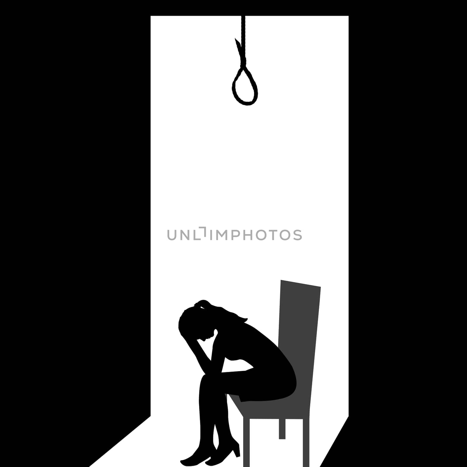 Silhouette of a sad woman wants to commit suicide by hanging in the rope.