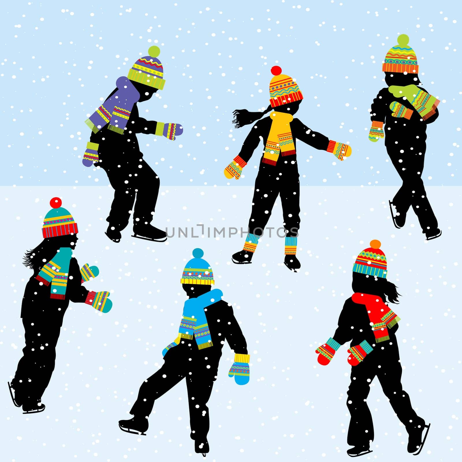 Kids ice skating silhouettes outdoor by hibrida13