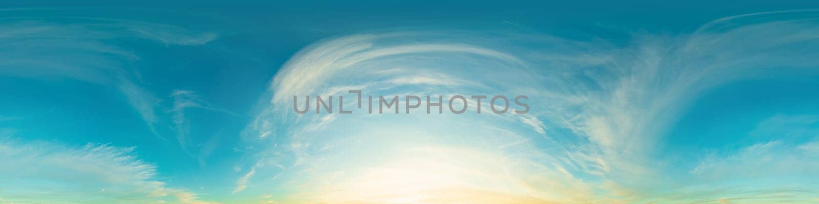 Sunset sky panorama with golden pink Cirrus clouds. Seamless hdr spherical 360 panorama. Sky dome in 3D visualization, sky replacement for aerial drone 360 panoramas. Weather and climate change by panophotograph