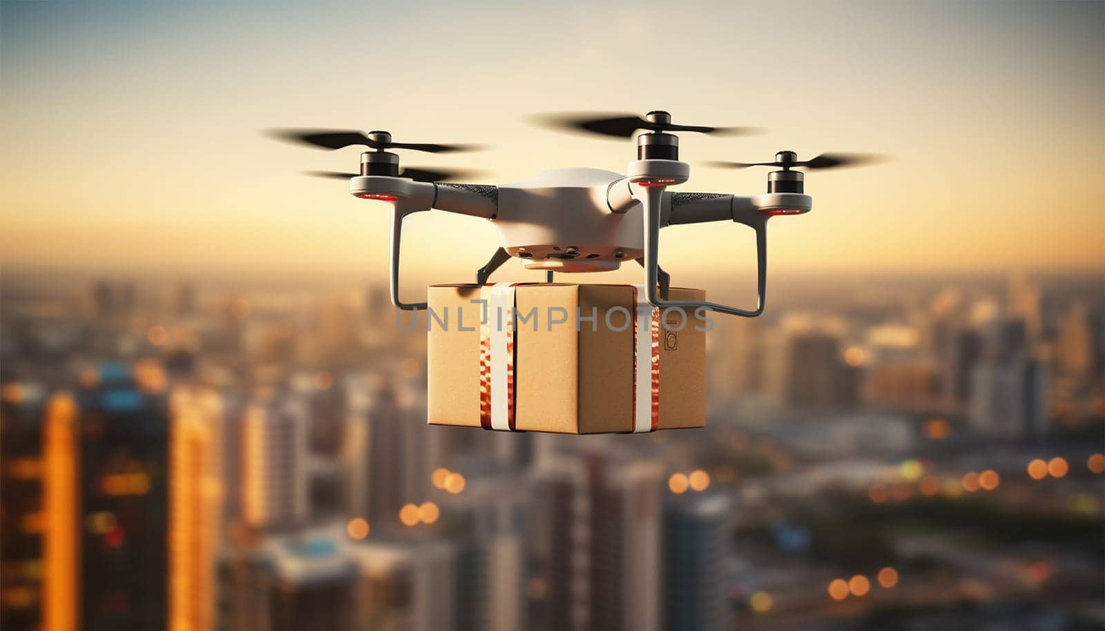 Drone delivery flying with package in the city. UAV drone delivery delivering big brown post package into urban city.Unmanned aircraft system UAS. by Annebel146