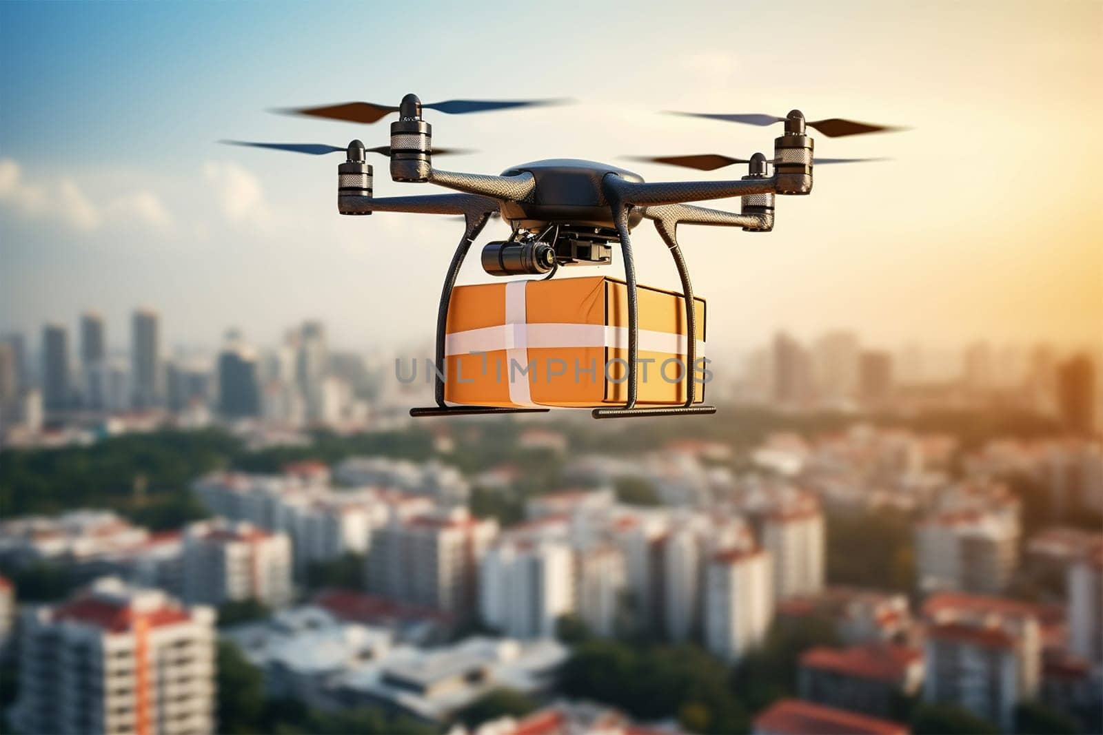 Drone delivery flying with package in the city. UAV drone delivery delivering big brown post package into urban city.Unmanned aircraft system UAS. by Annebel146