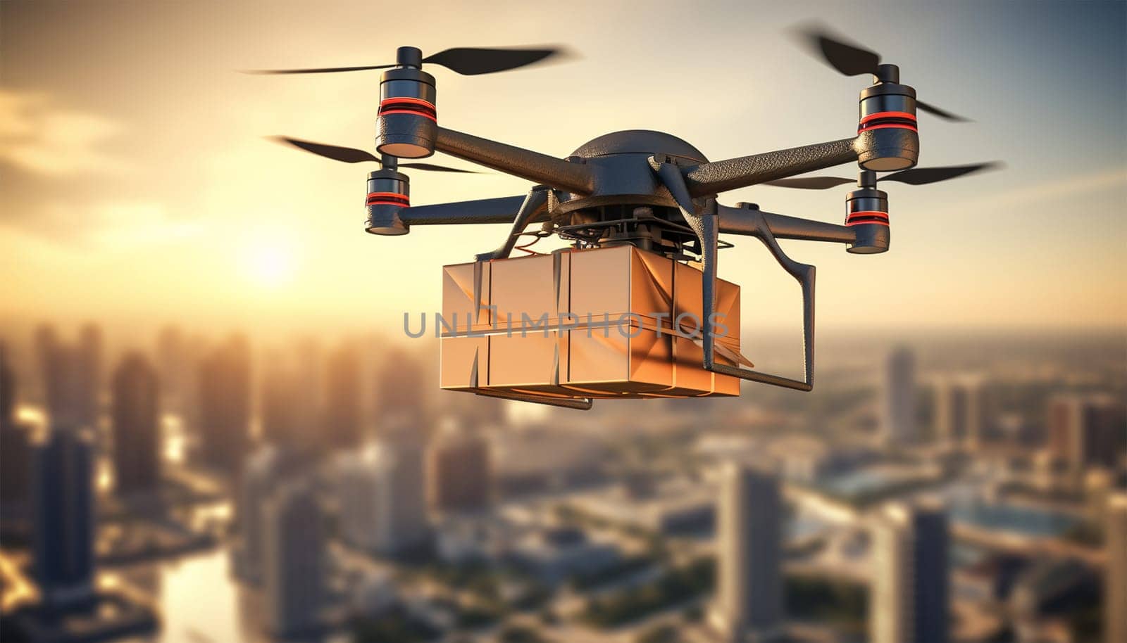 Drone delivery flying with package in the city. UAV drone delivery delivering big brown post package into urban city.Unmanned aircraft system UAS. by Annebel146