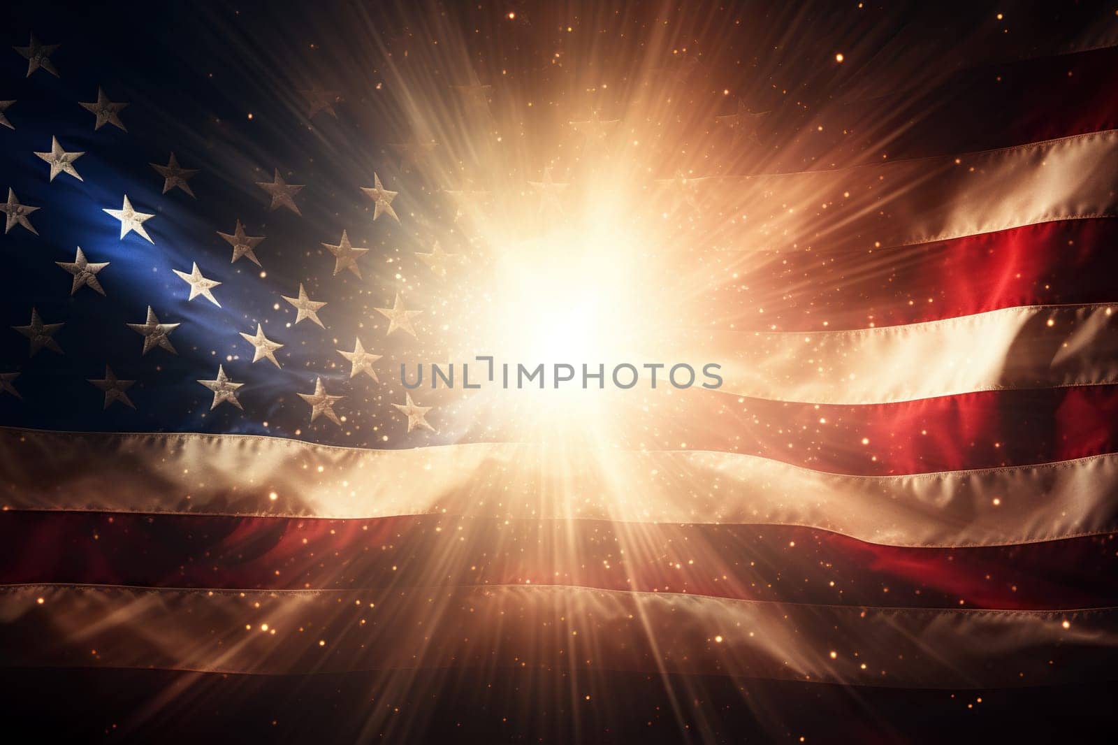 US flag close-up in bright golden rays.