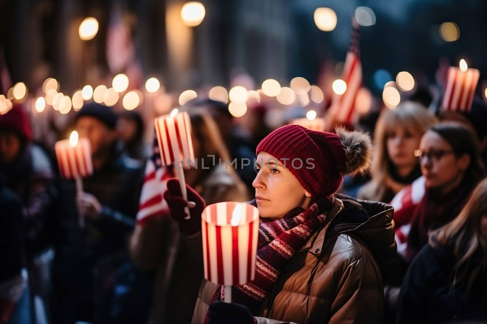 A crowd of people with US flags and burning candles. Generative AI by Vovmar