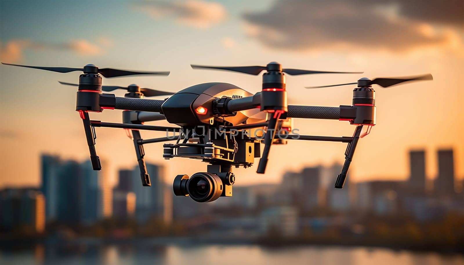 Drone flies in the city. Drone quad copters with high resolution digital camera flying aerial over spectacular sunset orange sky. Cityscape silhouette with sun goes down in the background.Vehicle at sundown and copy space by Annebel146