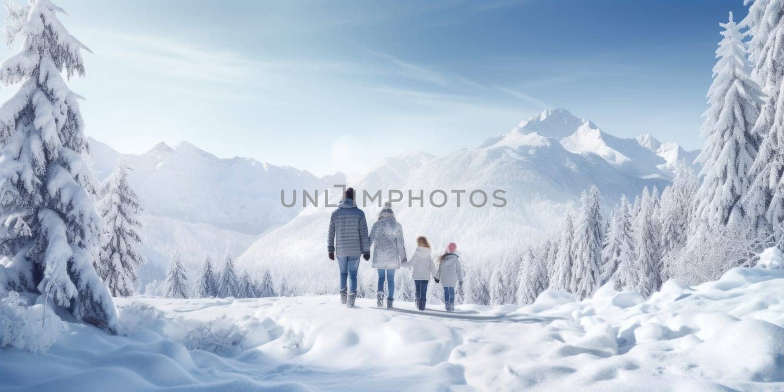 Happy family Father, mother and children are on winter walk in nature comeliness by biancoblue
