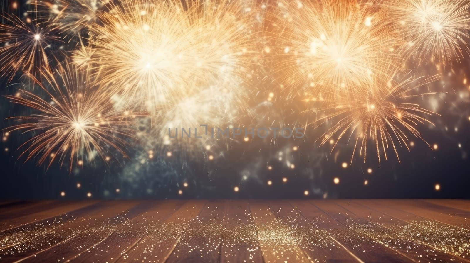 Wooden table or floor empty with new year firework in background comeliness by biancoblue
