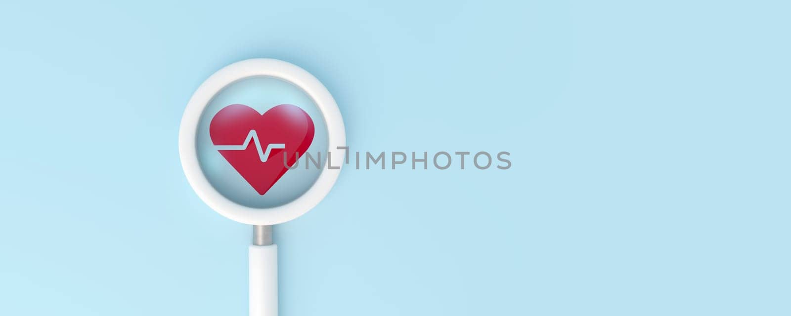 Magnifying glass looking to icon health cardio on blue background. 3D rendering.