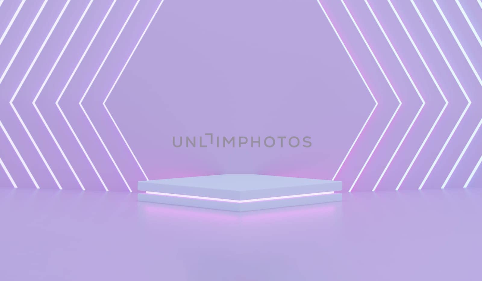 Neon podium for party products on gradient purple and pink background. 3D rendering.