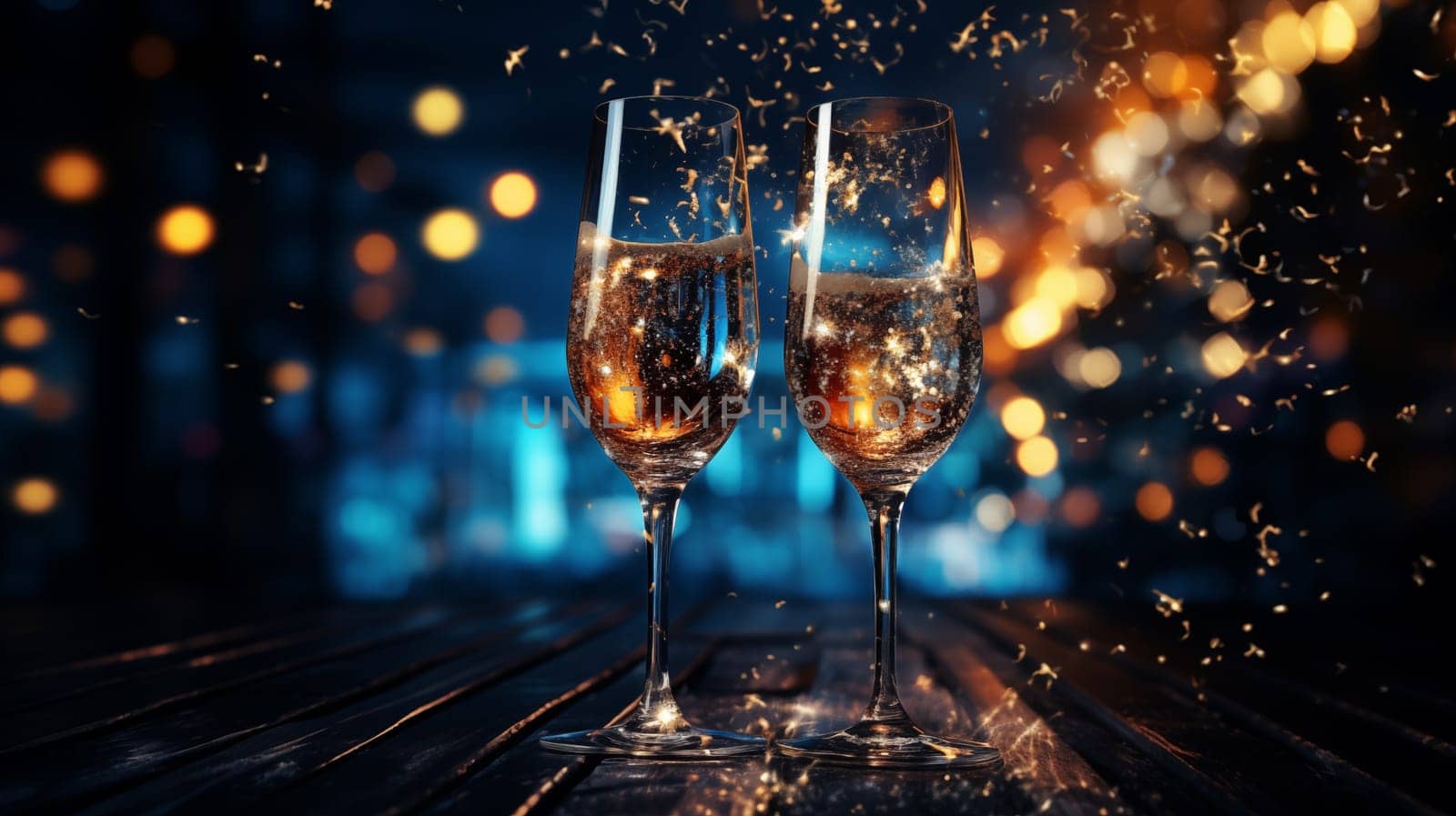 In the semi-darkness on the table there are two glasses of champagne with gold particles inside, surrounded by golden bokeh lights.