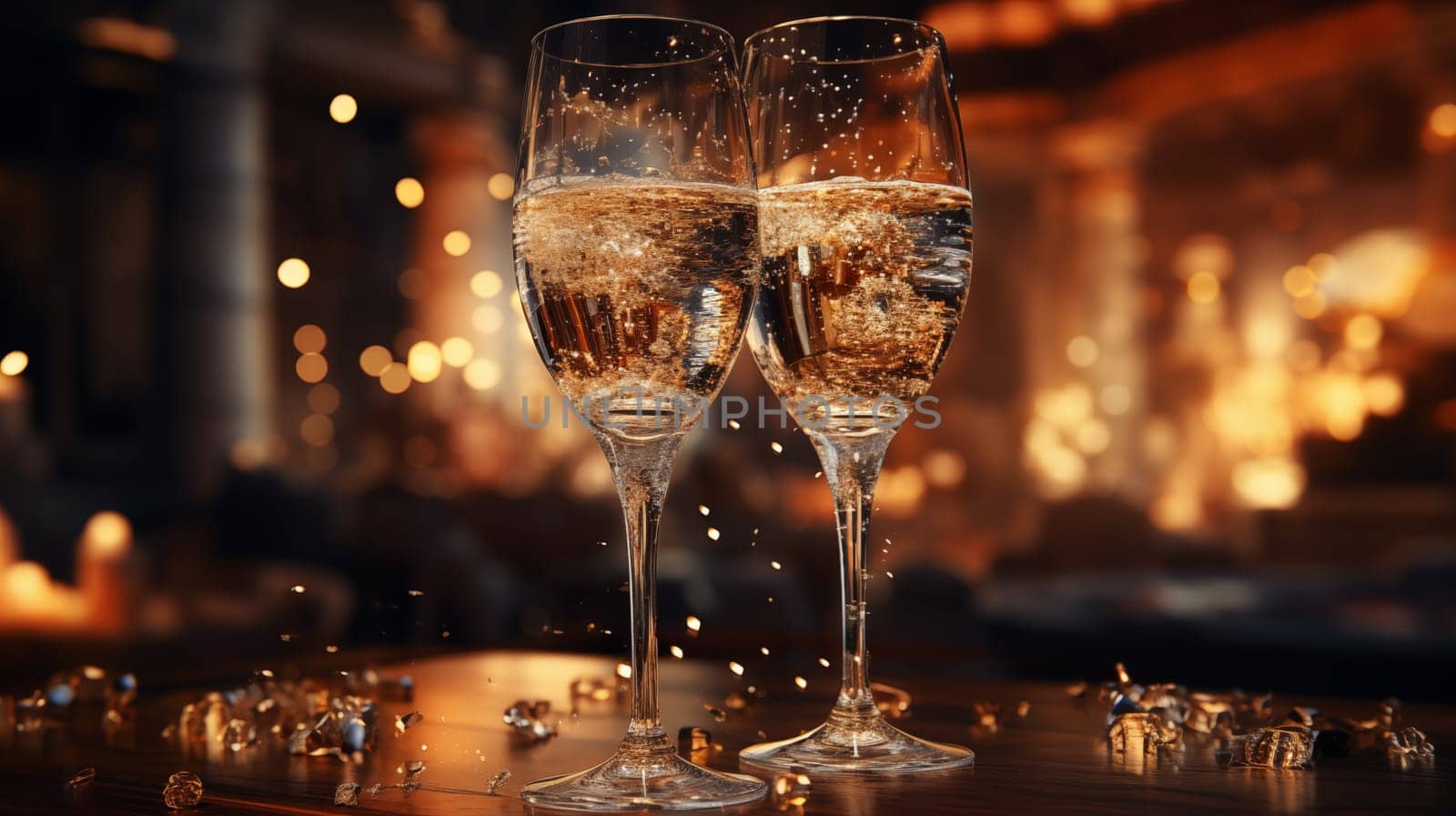 Two glasses of champagne with particles of gold stand on the table with pieces of ice, surrounded by golden bokeh lights.