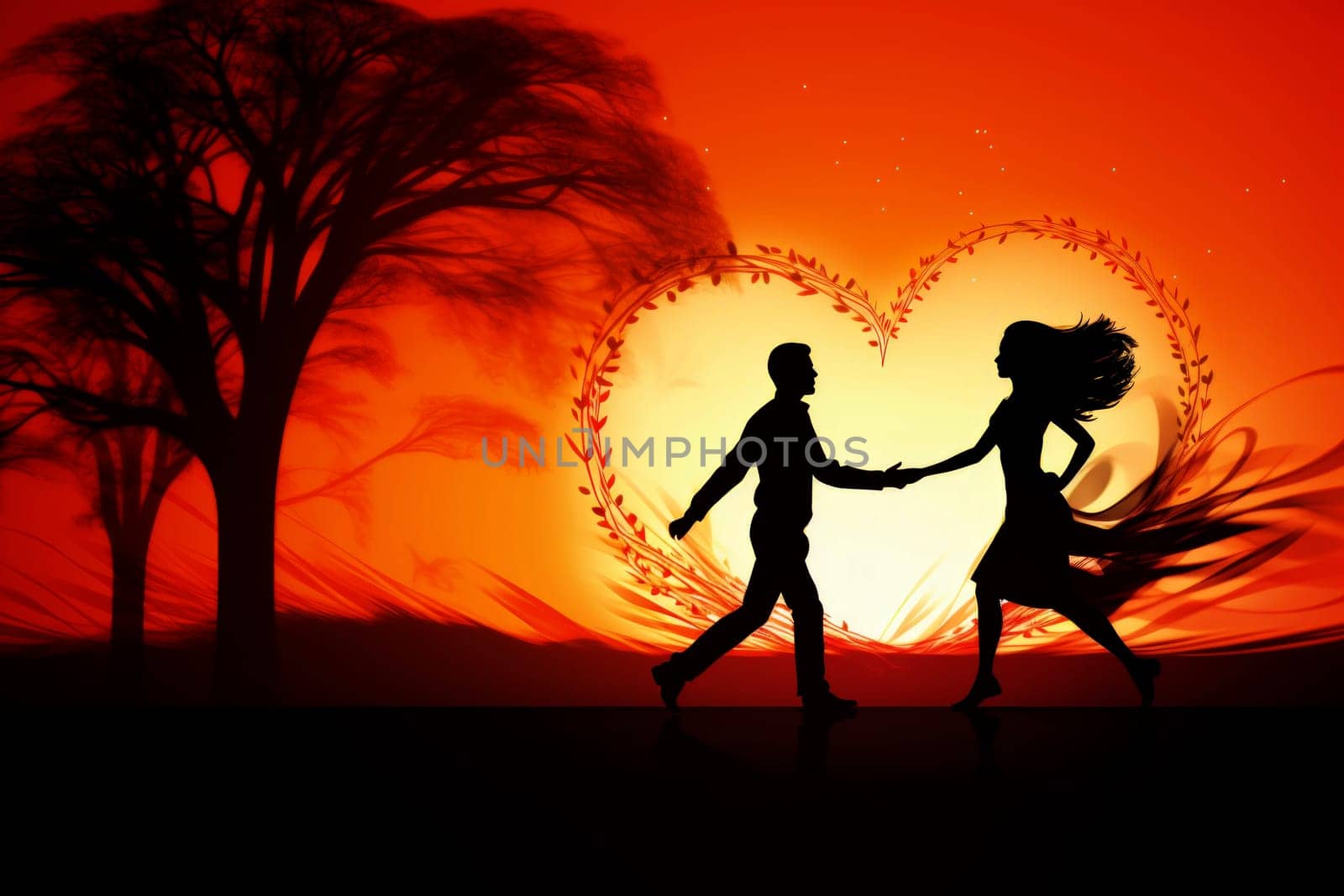 Silhouette of a loving couple of a man and a woman against a sunset background by andreyz