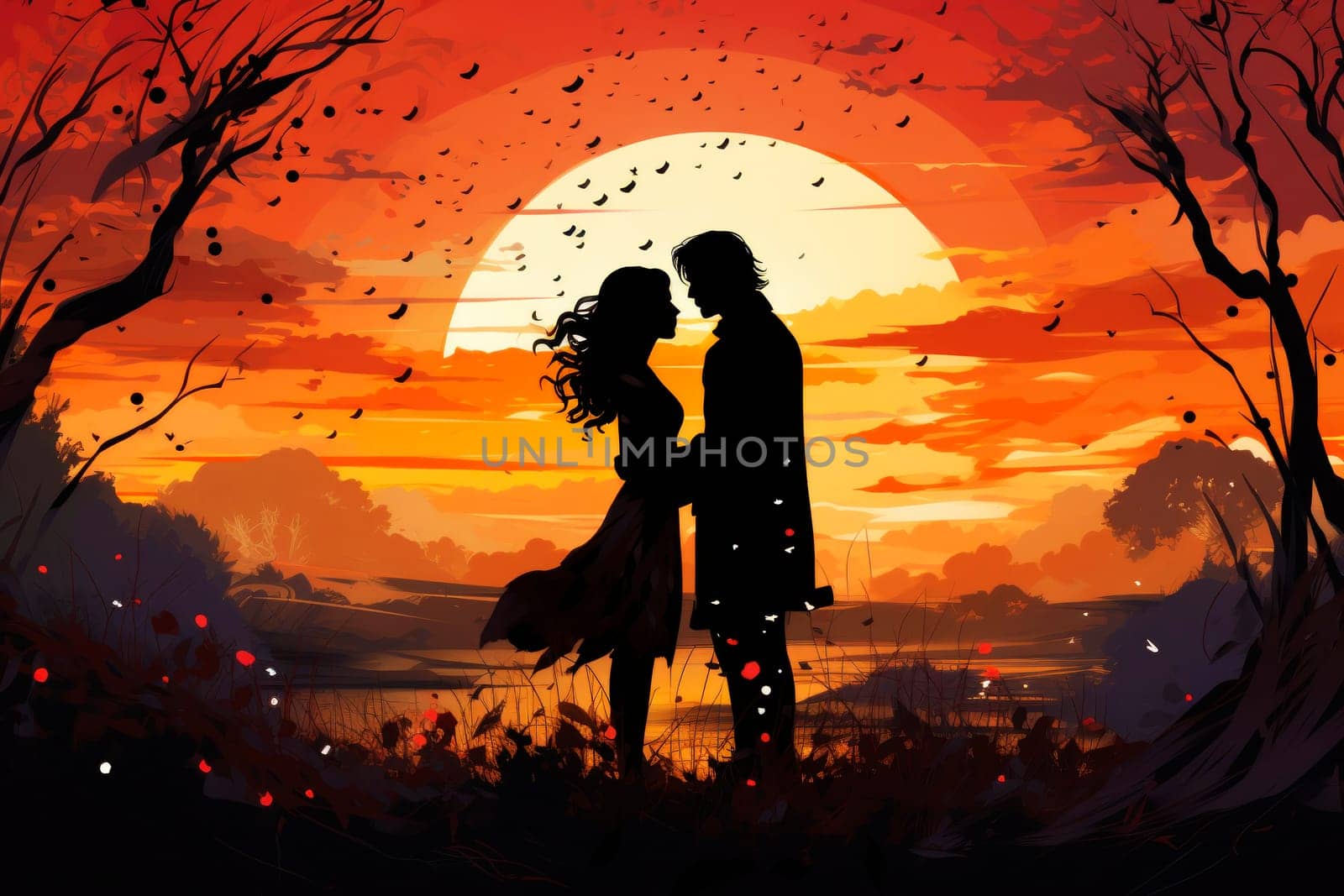 Silhouette of a loving couple of a man and a woman against a sunset background, the concept of love and relationships. Valentine's day background.