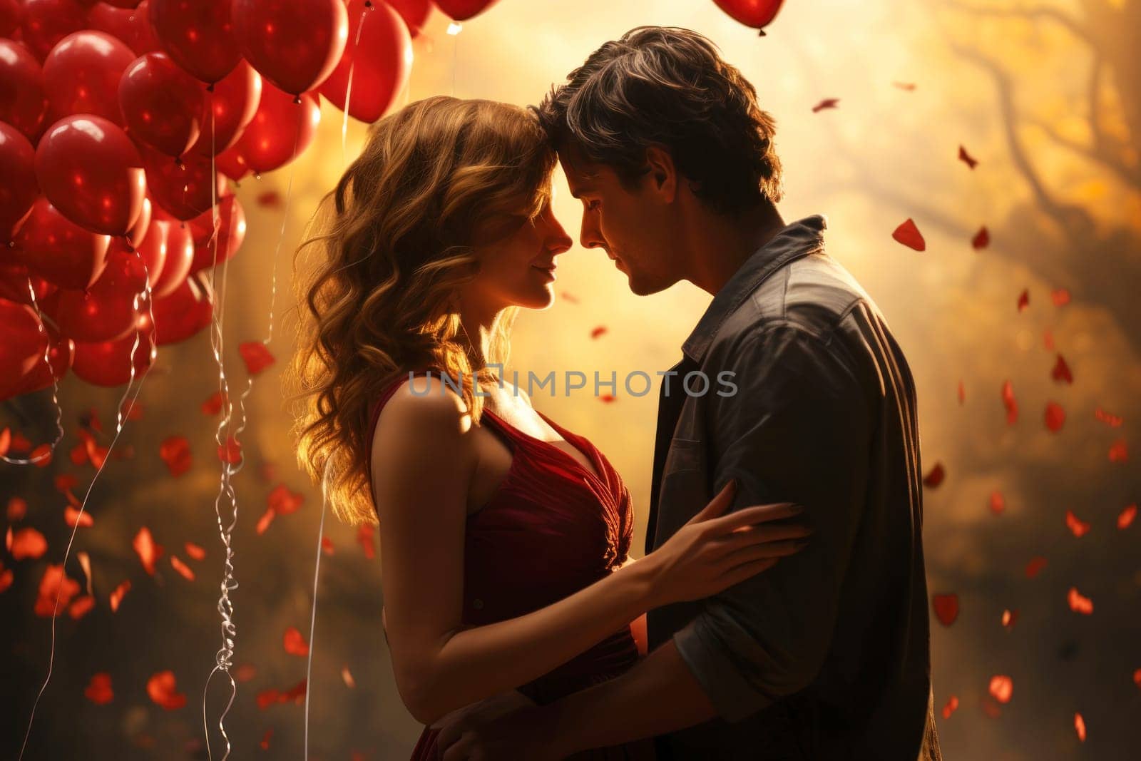A loving couple, man and woman, embrace against backdrop of bright red balloons by andreyz