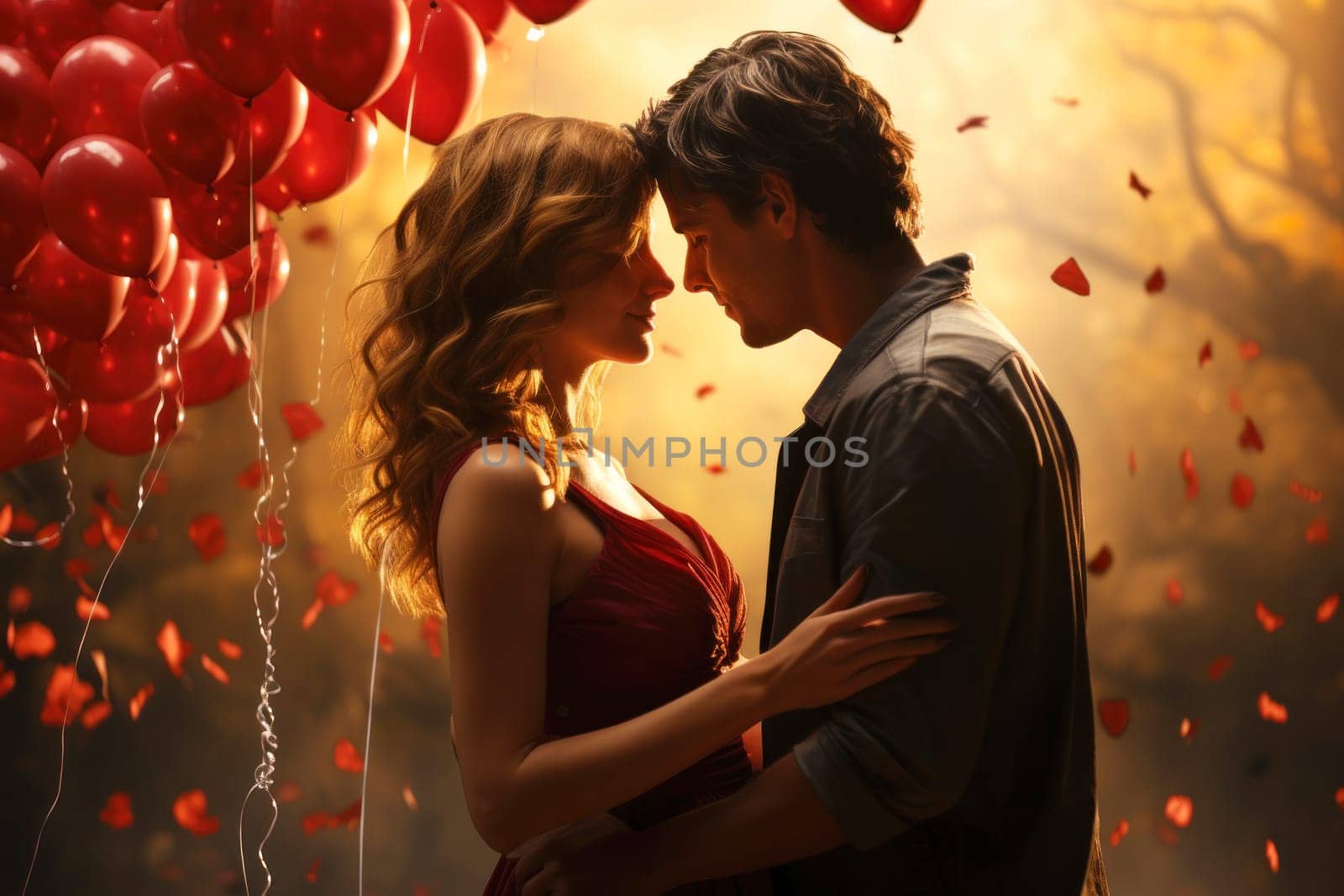 A loving couple, a man and a woman, embrace against a backdrop of bright red balloons, creating an intimate and tender scene