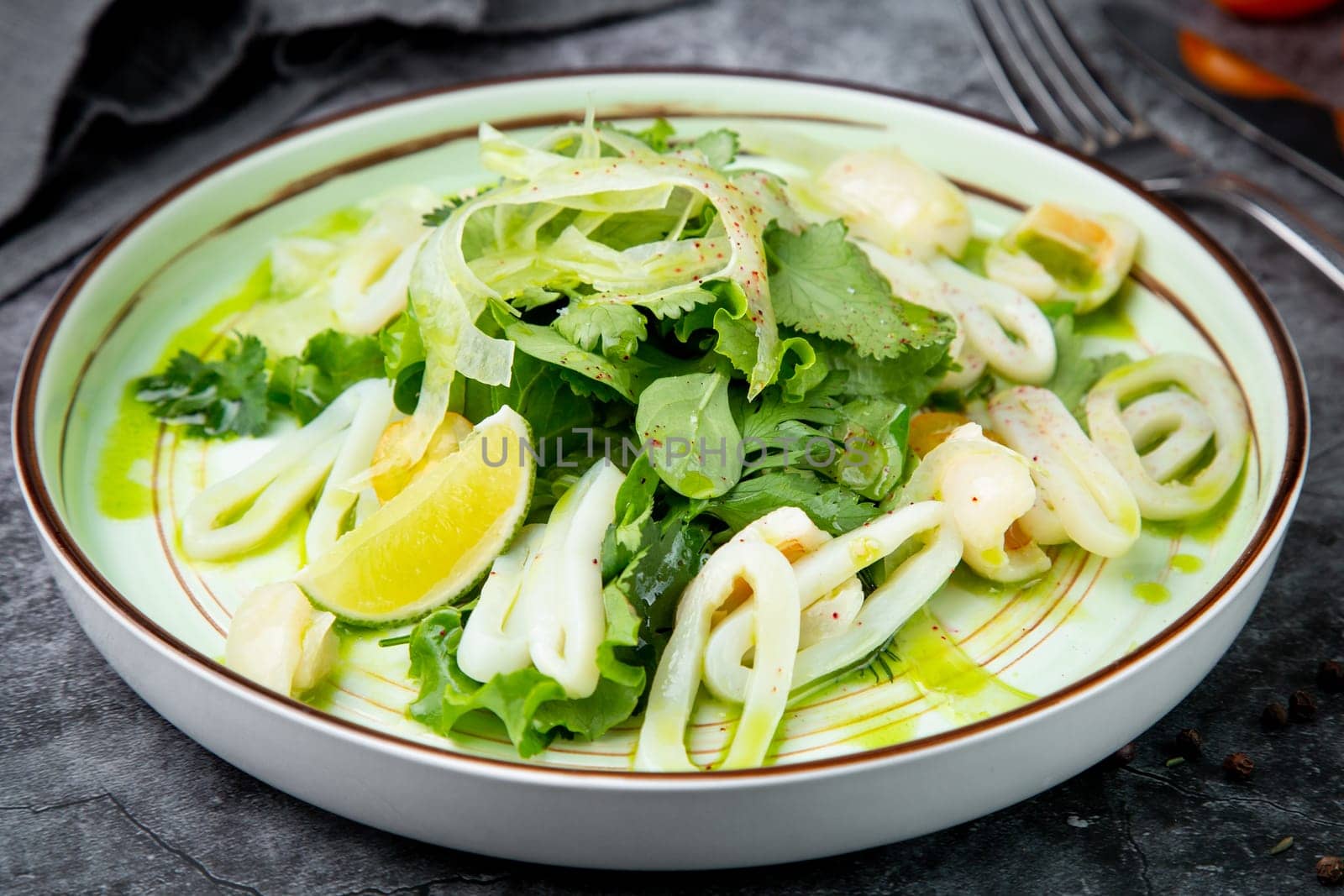 salad with arugula, parsley, lime and squid rings, side view by tewolf