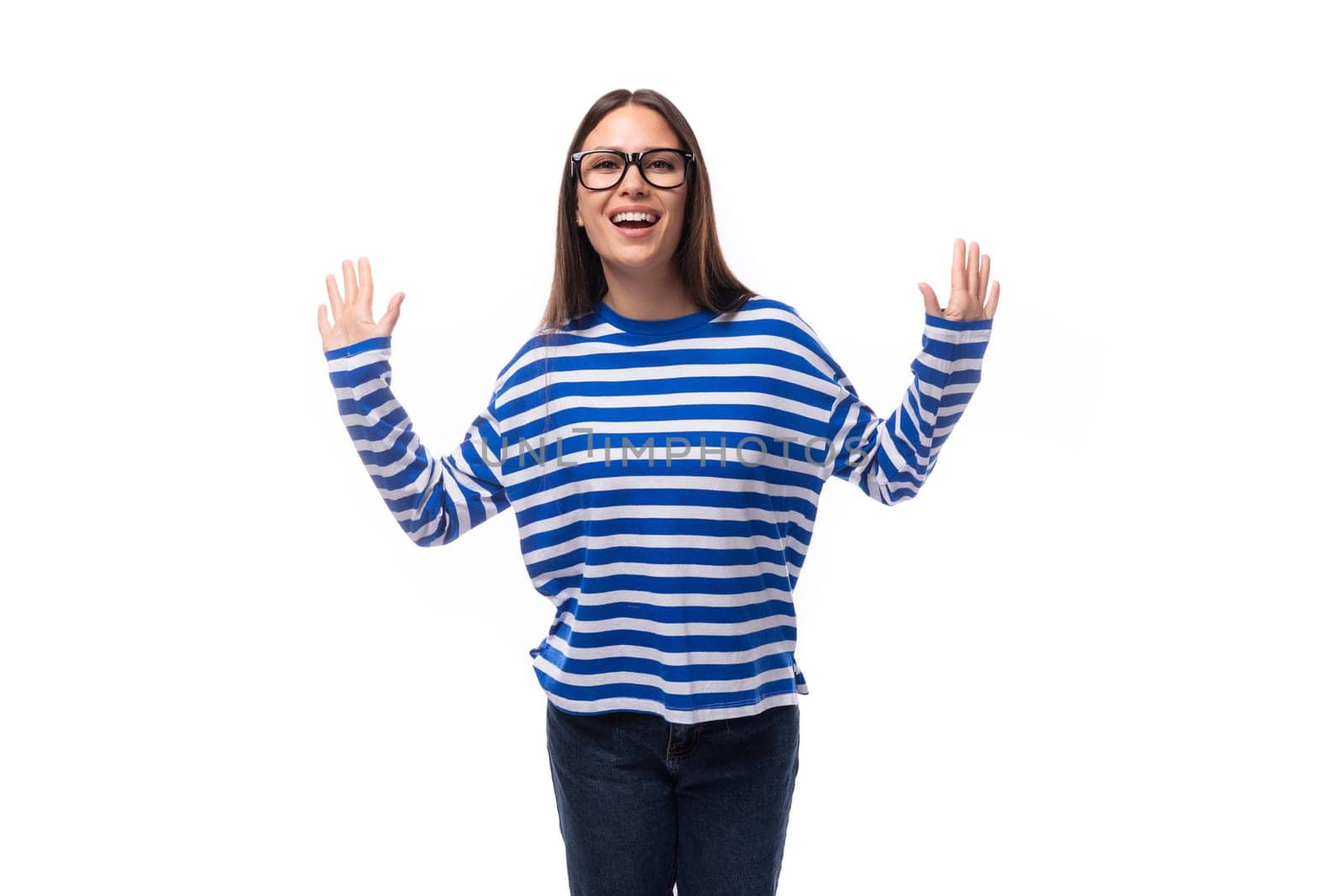 well-groomed young slender caucasian woman with chic hair and make-up in glasses. people lightstyle concept.