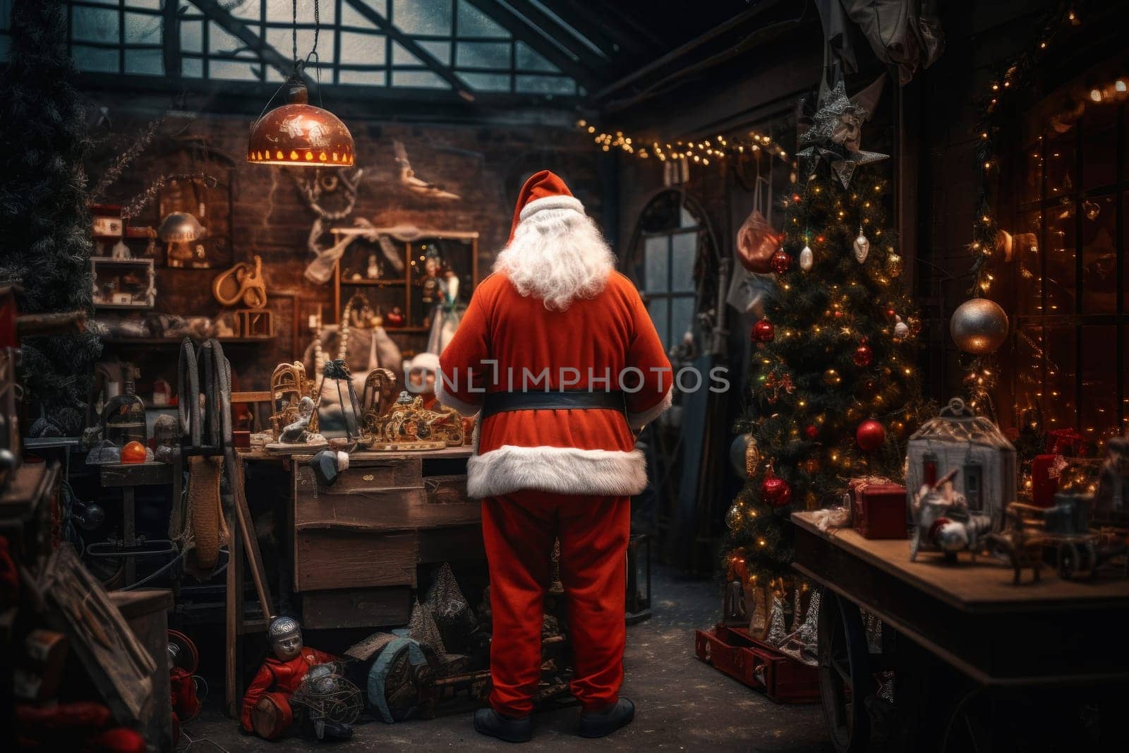 Santa Claus works diligently, creating and wrapping toys in his festive workshop for children's Christmas delight