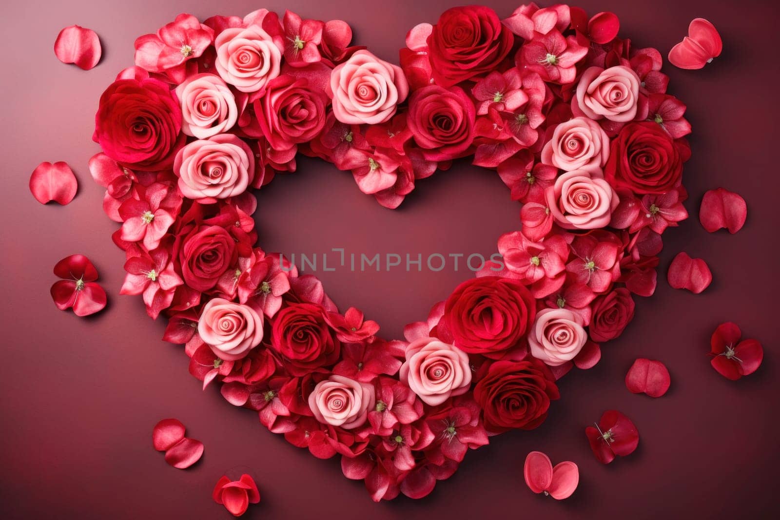 Rose flowers are artfully arranged in the shape of a heart, creating a romantic floral masterpiece. Valentine's Day background. Top view background.