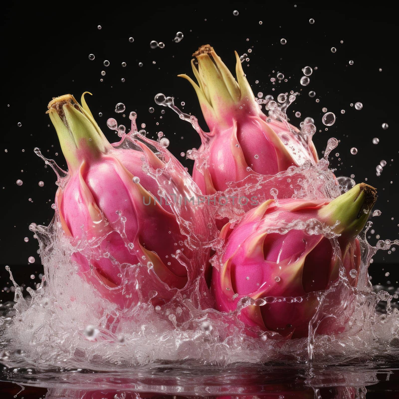 dragonfruit with water splashes on black background. AI Generated