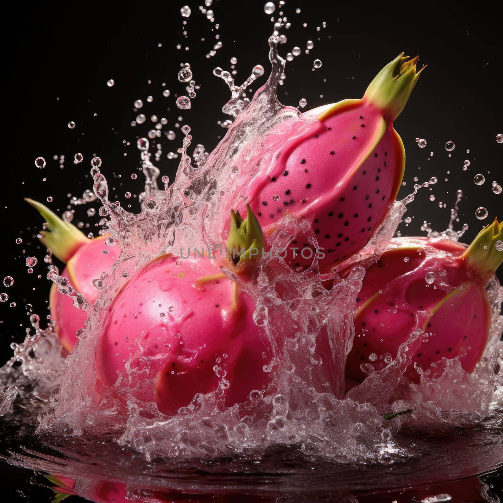dragonfruit with water splashes on black background. AI Generated