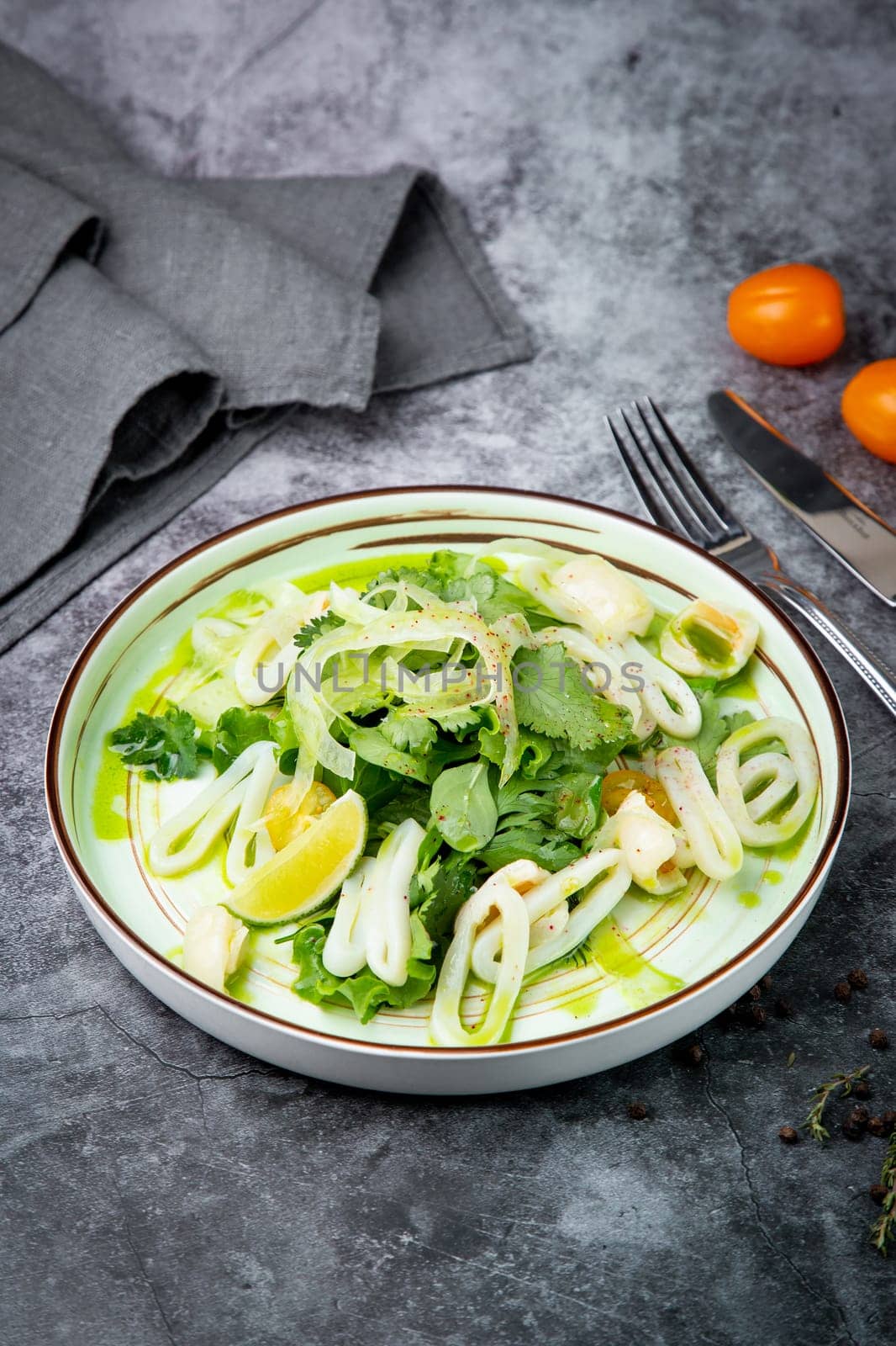 salad with arugula, parsley, lime and squid rings, side view by tewolf