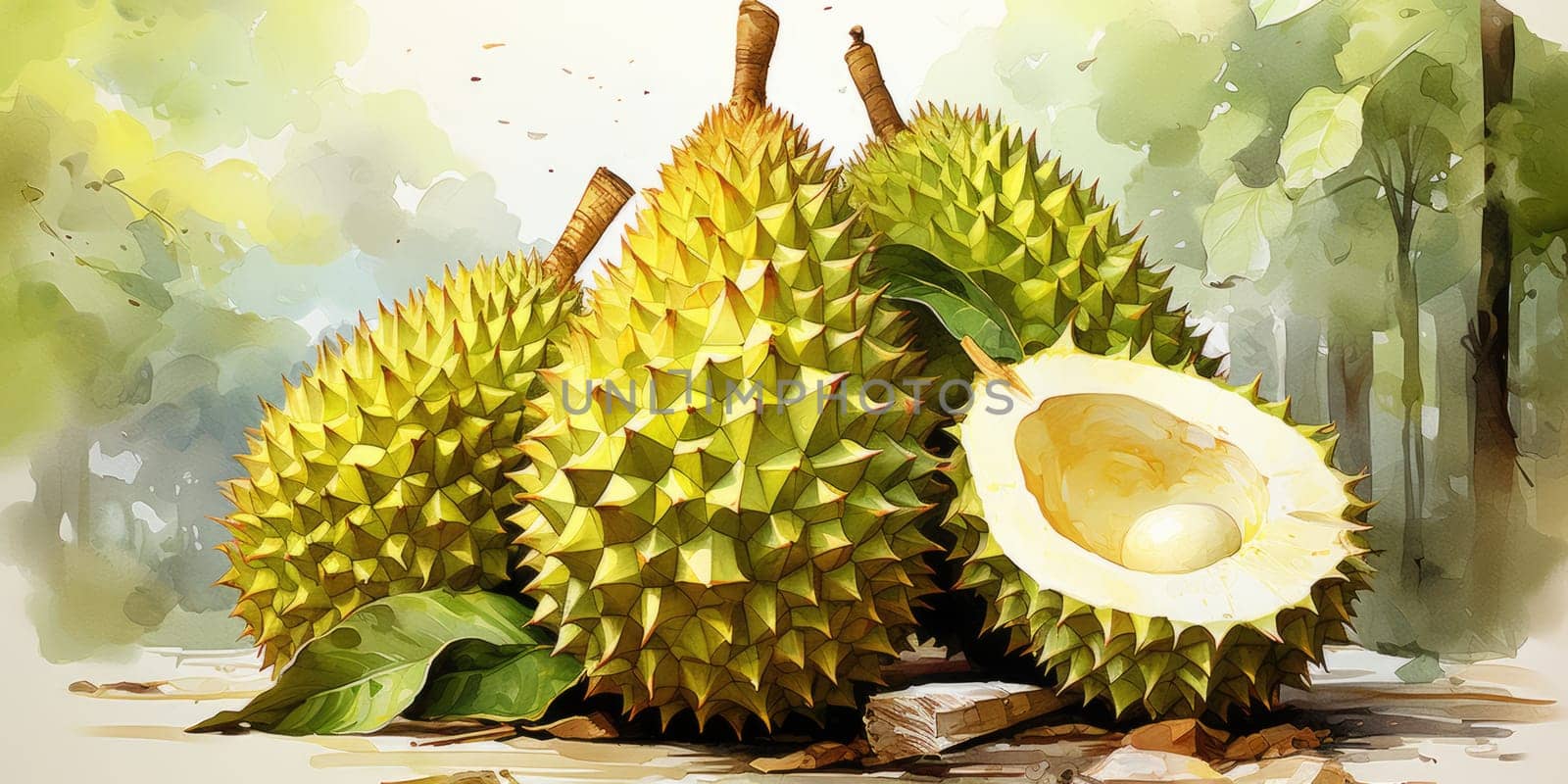 Watercolor durian fruit isolated on white. AI Generated by Desperada