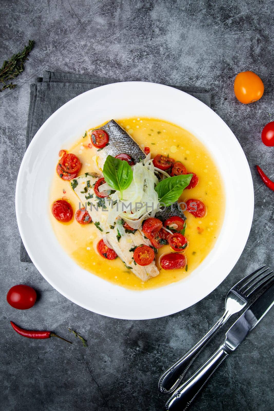unpeeled fish with gravy, herbs, cherry tomatoes and onions