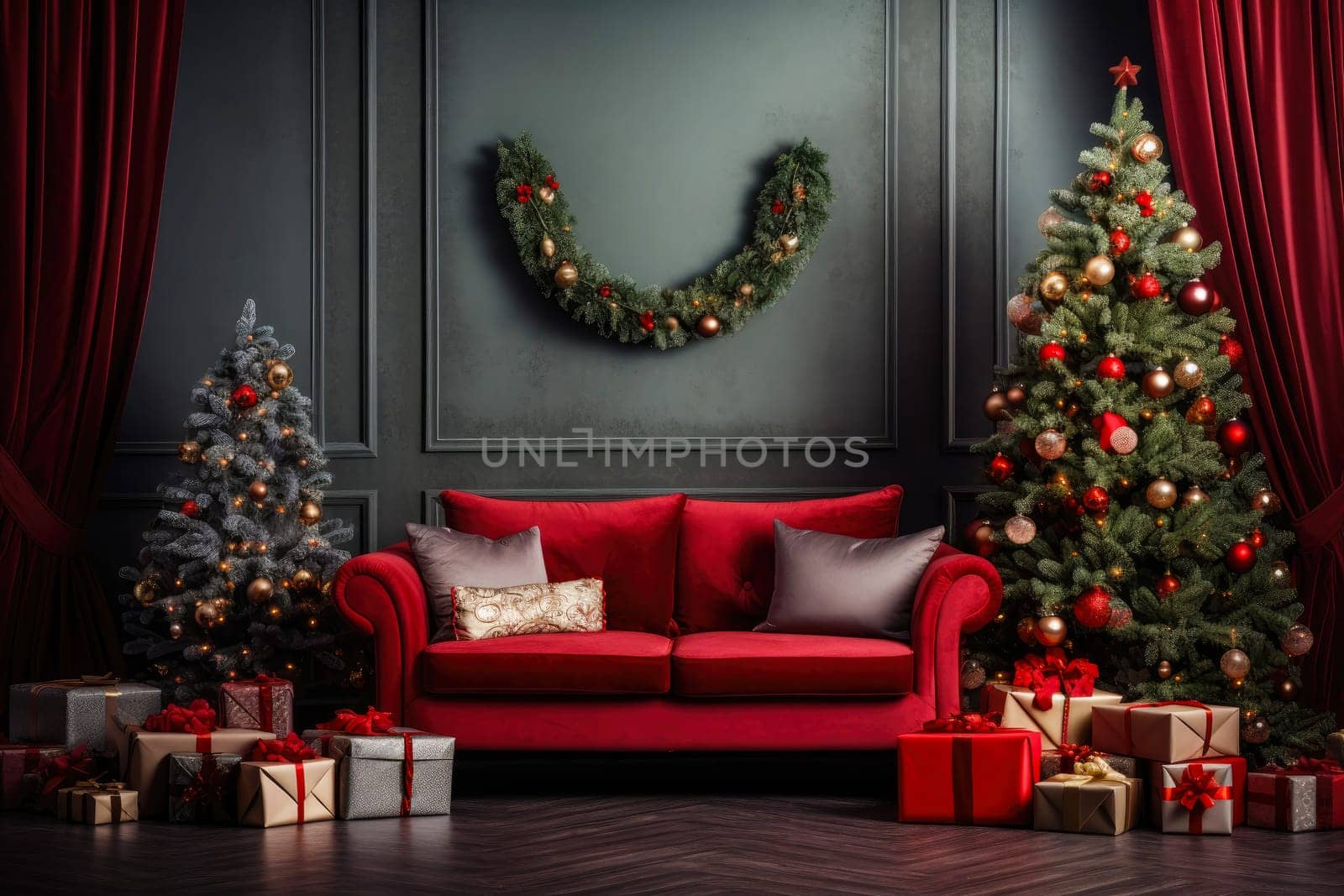 Christmas background with Christmas tree, gifts and sofa against a wall by andreyz