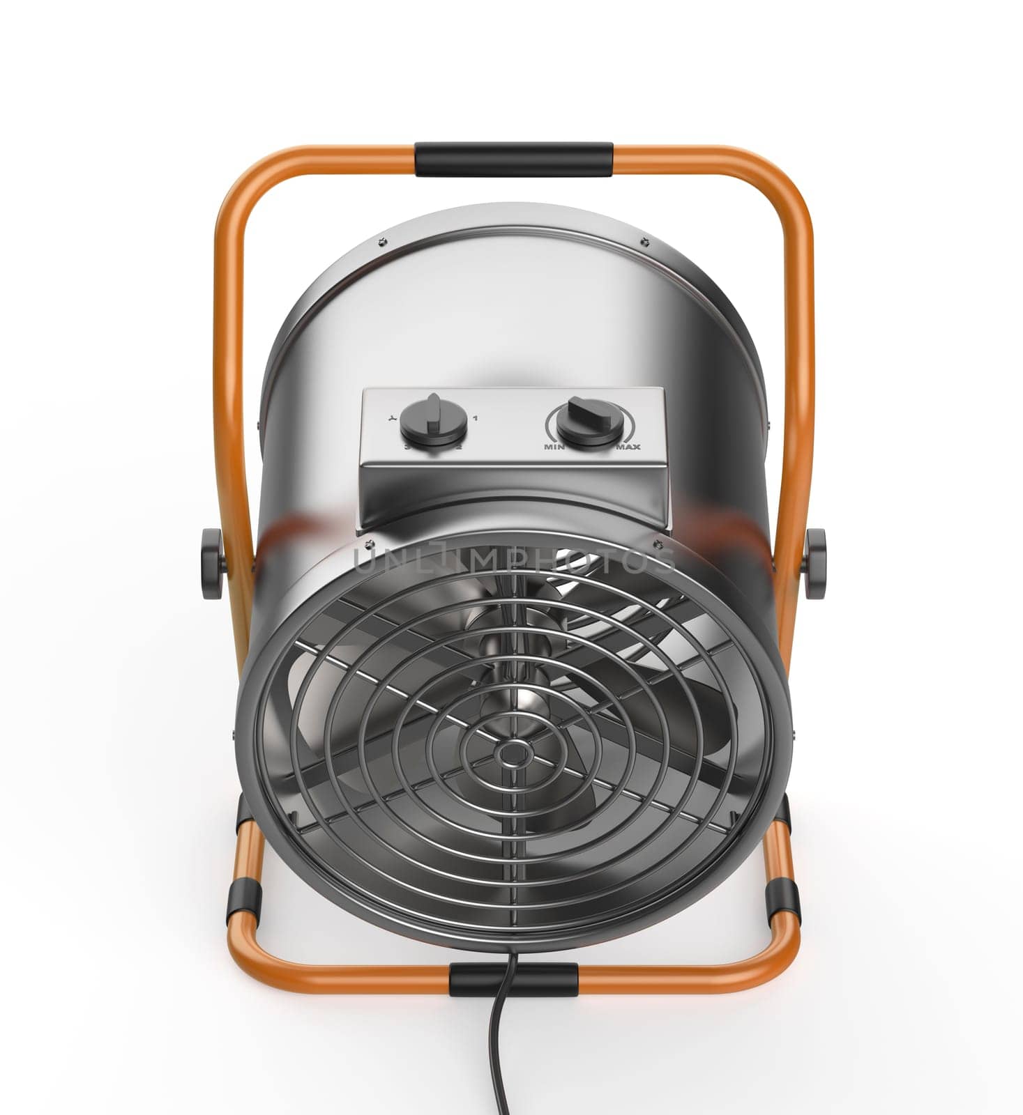 Silver industrial electric fan heater on white background, back view