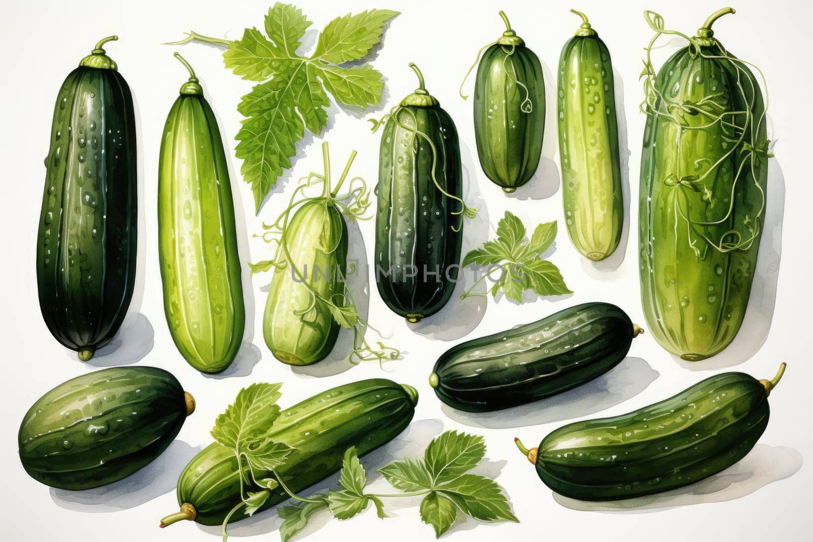 watercolor zucchinis isolated on white , AI Generated by Desperada