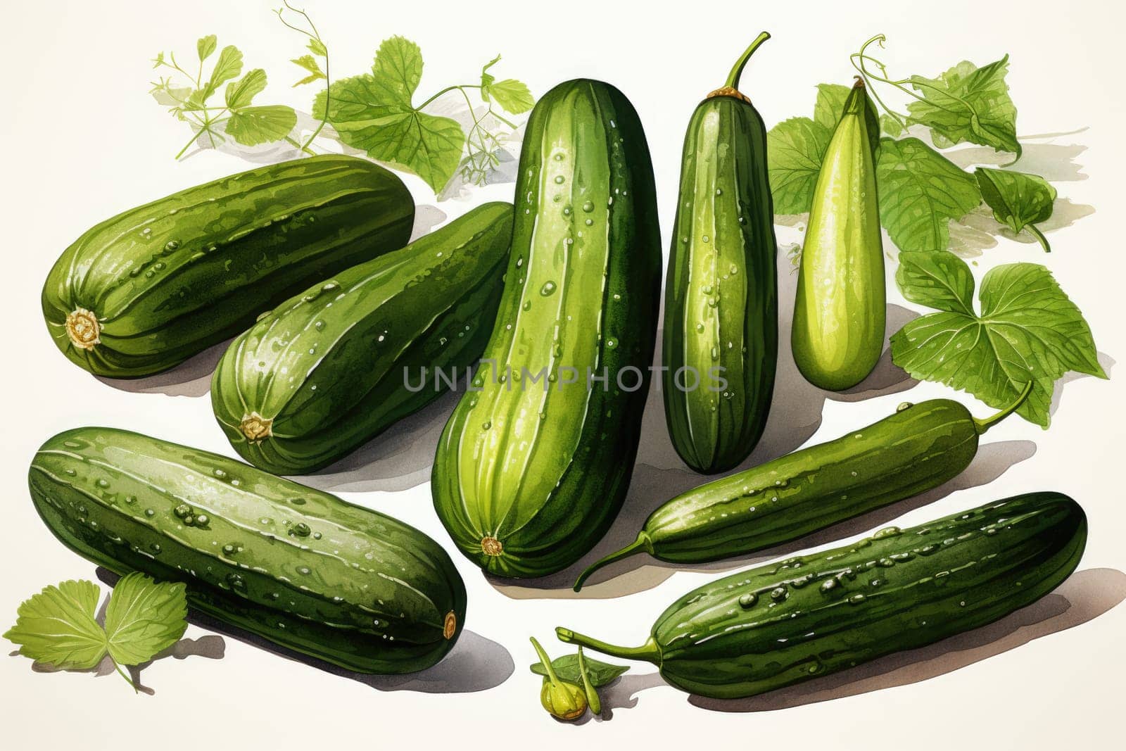 watercolor zucchinis isolated on white background, AI Generated