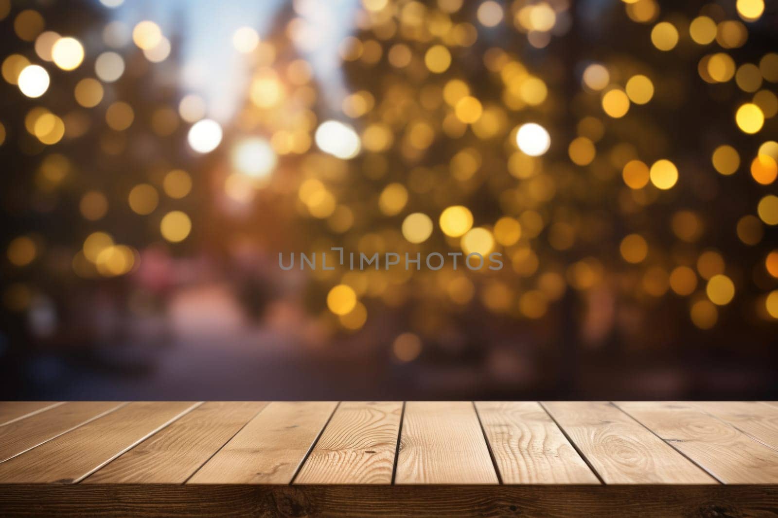 Merry Christmas and Happy New Year background with empty wooden table over Christmas tree and blurred light bokeh. Empty display for product placement. Rustic vintage Xmas 2024 background. comeliness