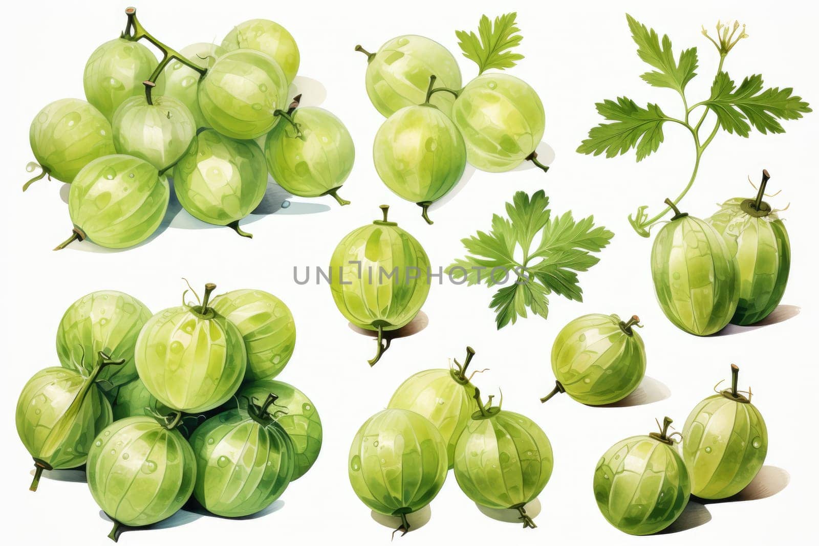 hand drawn watercolor gooseberries isolated on white. AI Generated by Desperada
