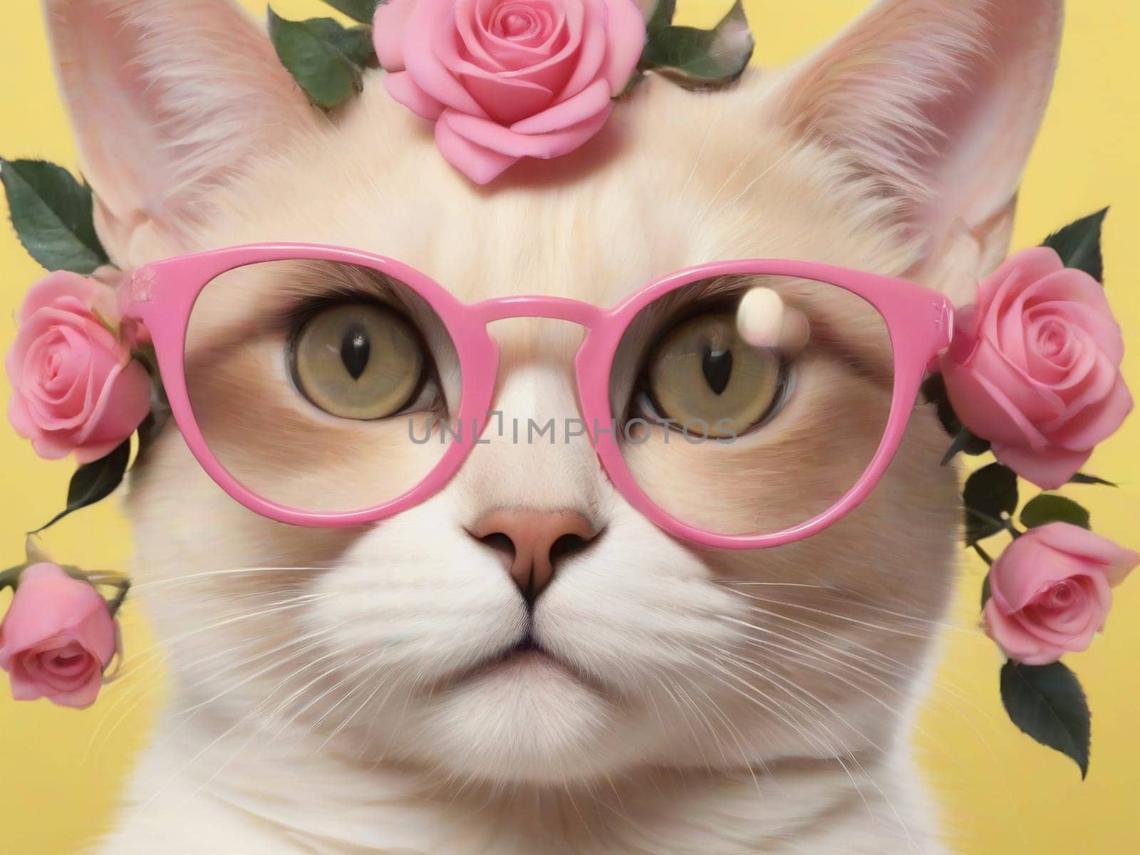 beautiful cat in pink glasses and in rose decoration on yellow background,close up.Valentine day holiday.