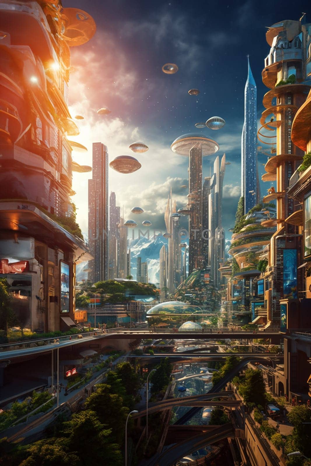 Abstract futuristic city streets with pedestrians, progress of urban traffic in the future world concept by Gudzar