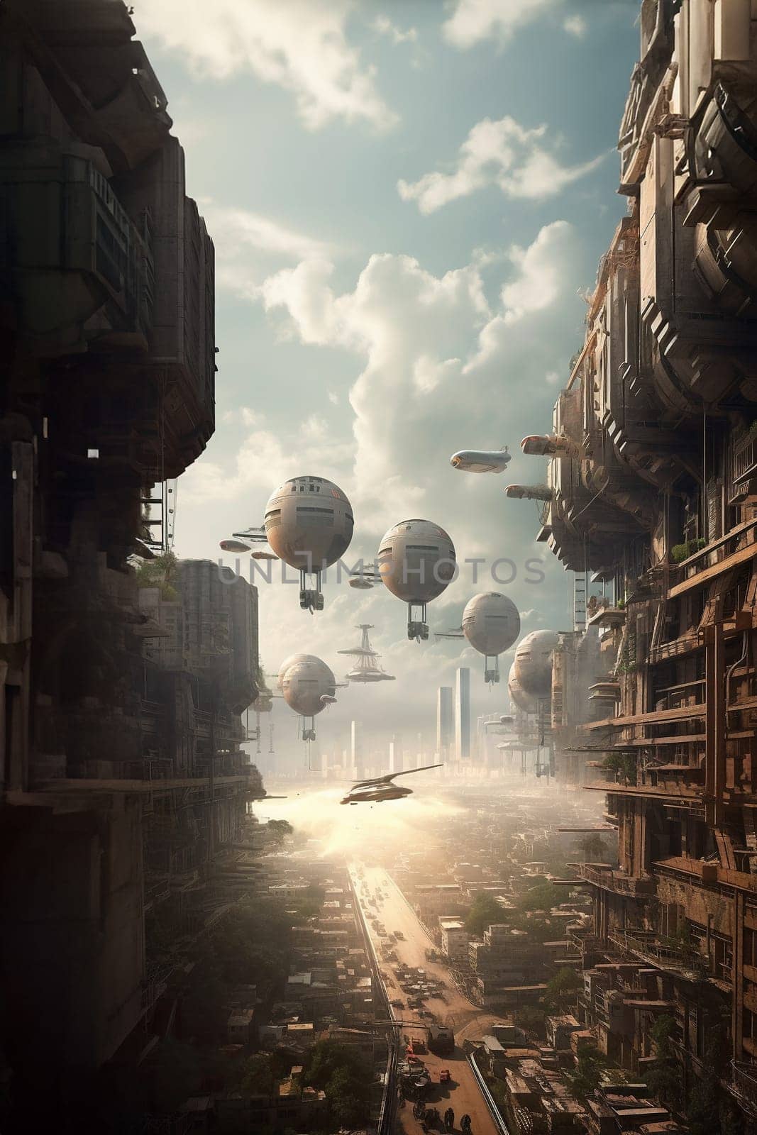 Abstract futuristic city, high-tech skyscrapers in daylight, fantasy world in urban development concept by Gudzar