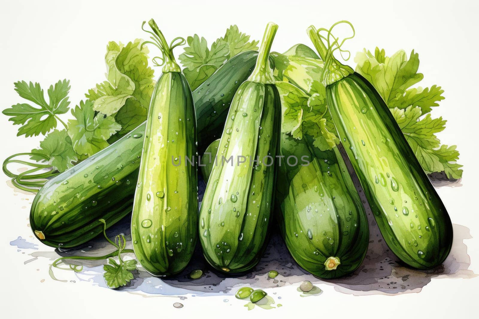 watercolor zucchinis isolated on white , AI Generated by Desperada