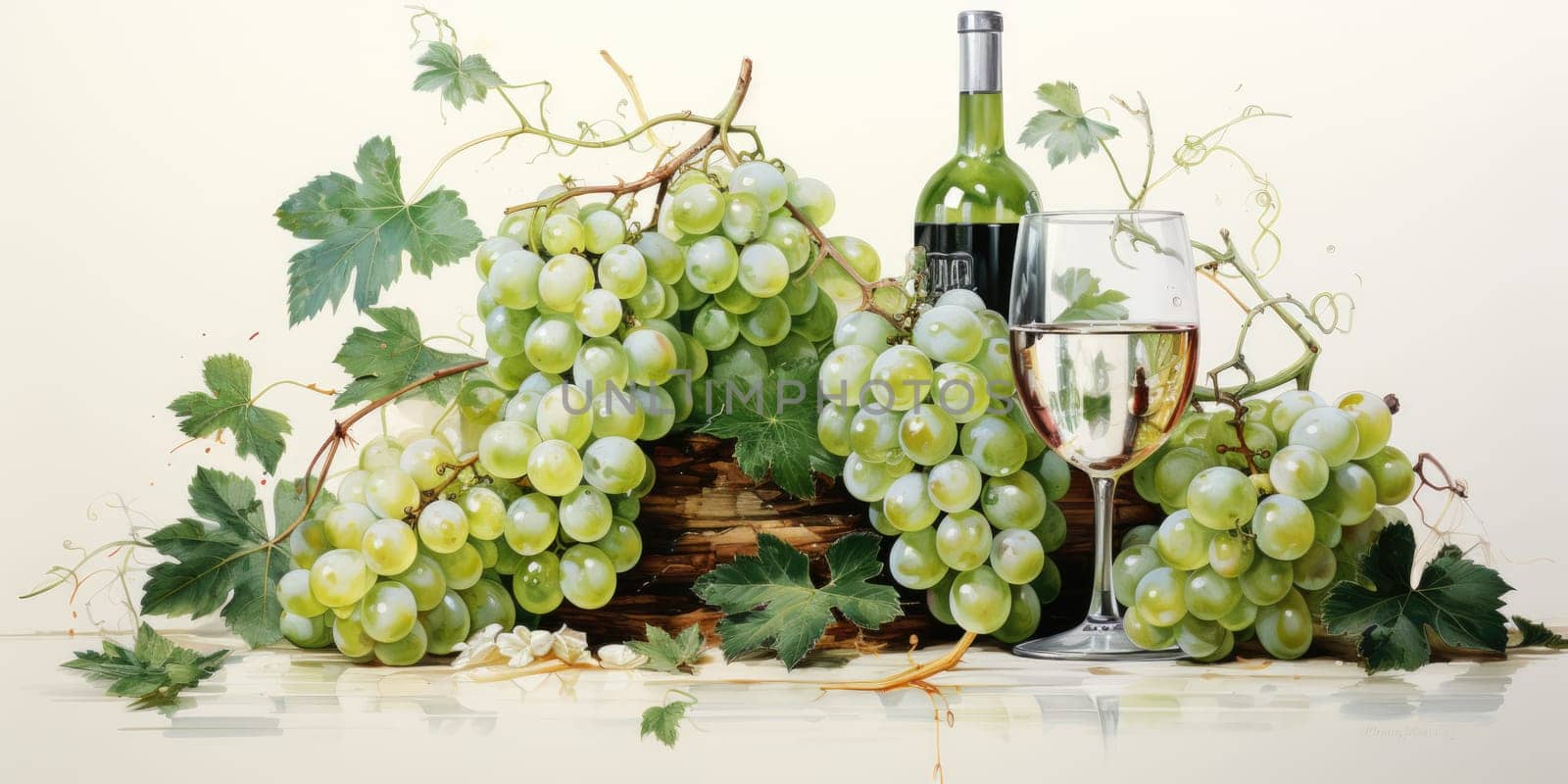 Set of white watercolor grapes and wine isolated on white background . AI Generated