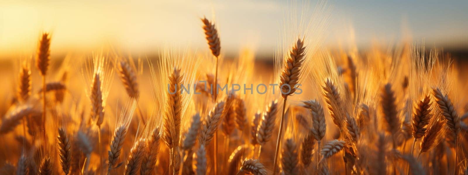 Golden ripe wheat field under shining sunlight. AI Generative by prathanchorruangsak