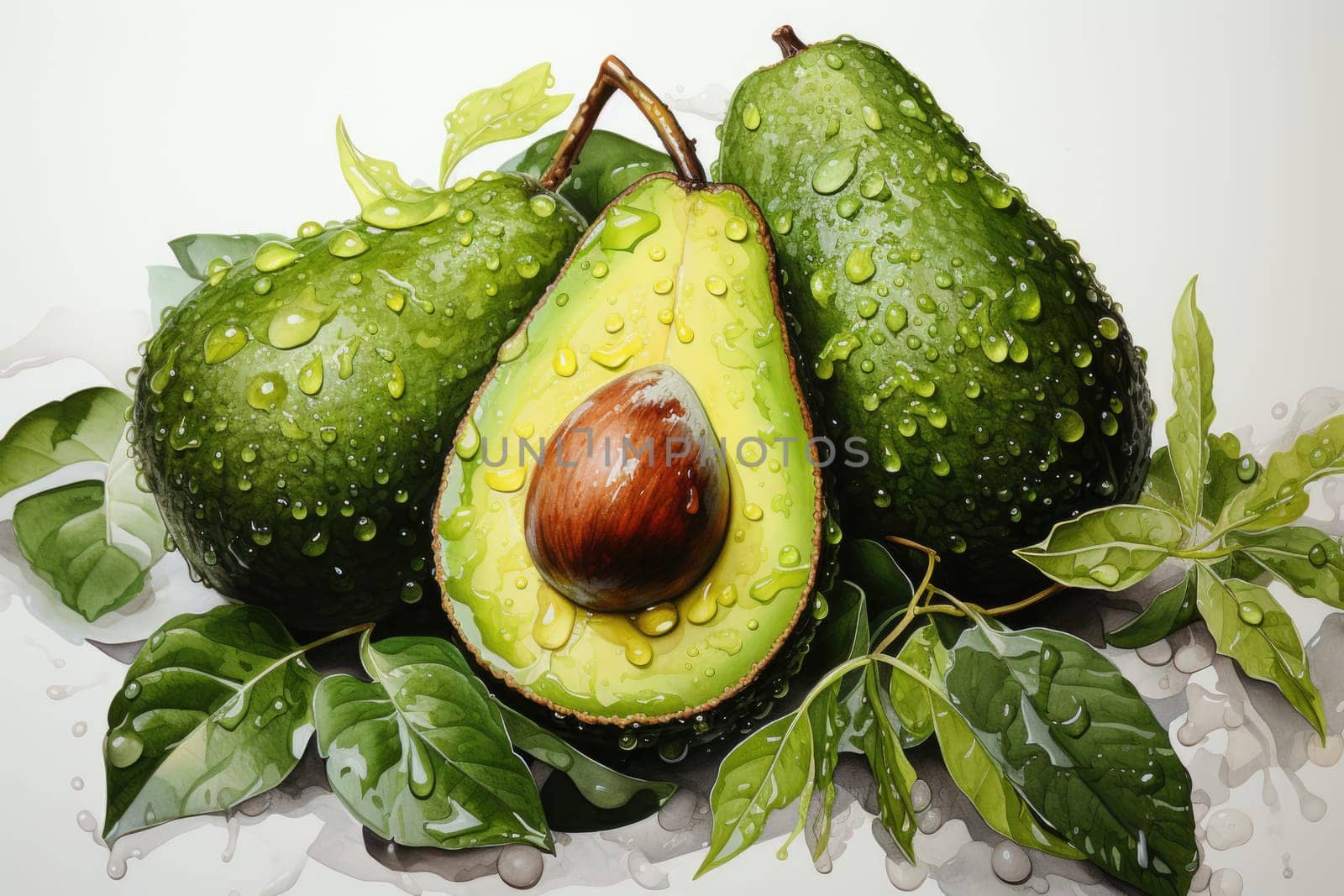 Set of watercolor avocados on white background. AI Generated