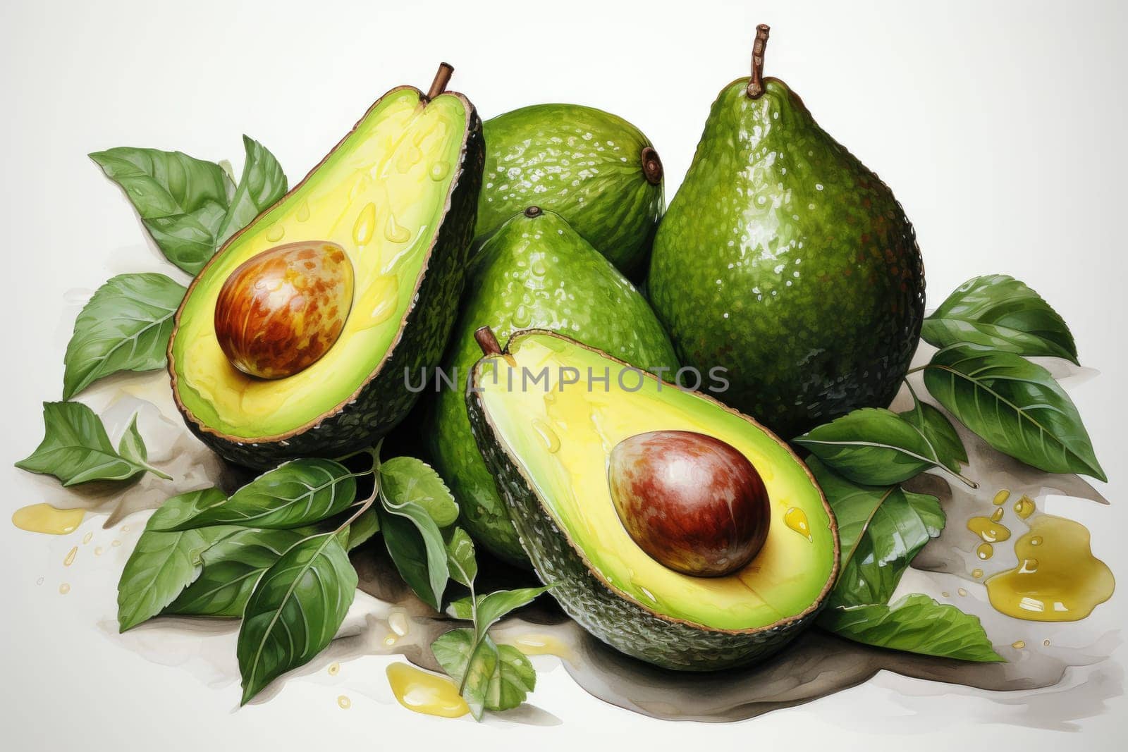 Set of watercolor avocados on white background. AI Generated
