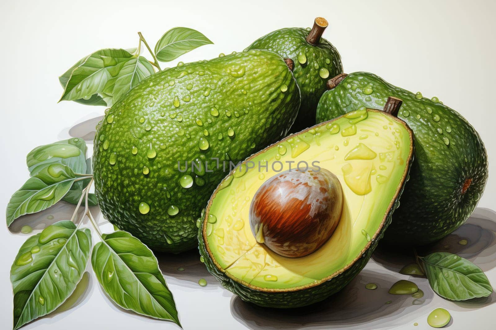 Set of watercolor avocados on white background. AI Generated