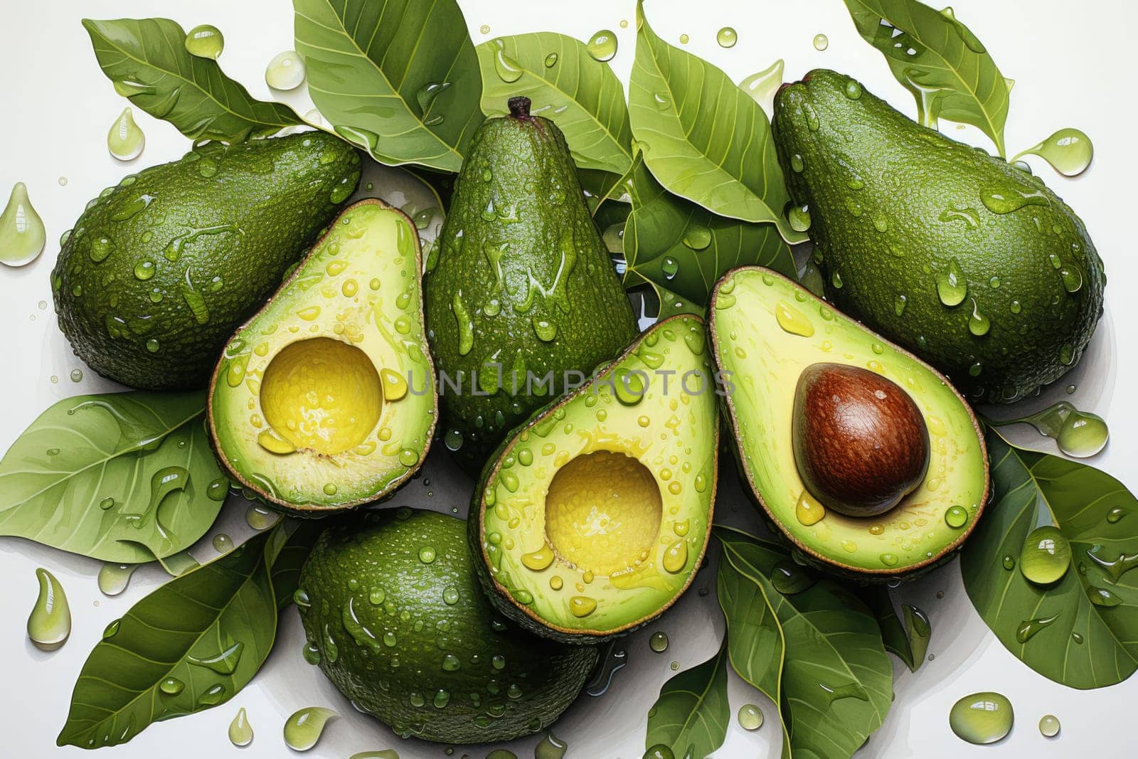 Set of watercolor avocados on white background. AI Generated
